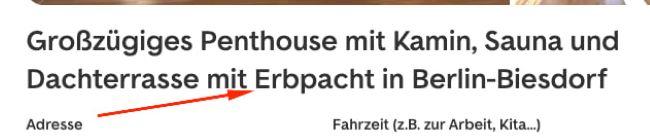 Скриншот заголовка объявления квартиры в доме на земле Erbbaurecht на сайте immobilienscout24.