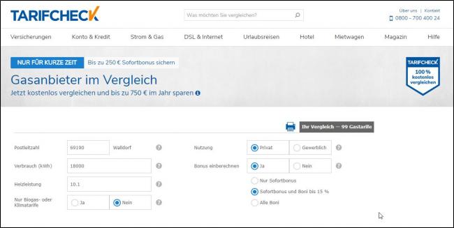 Форма поиска тарифов на газ на TarifCheck Скриншот сайта TarifCheck - поиск газового тарифа