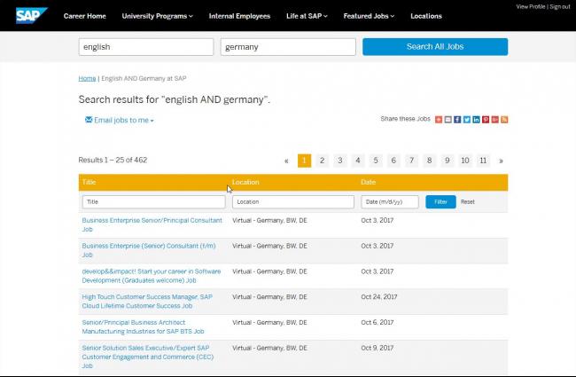 Вакансии в Германии без немецкого на сайте SAP Jobs