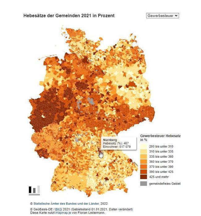 Карта величины Hebesatz по Gewerbesteuer.