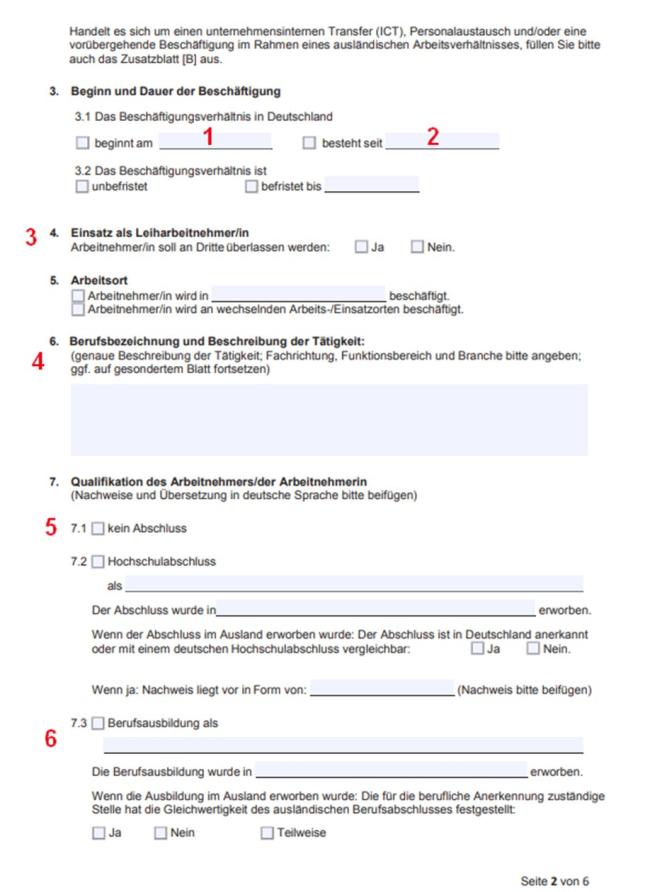 Страница 2 формуляра Erklärung zum Beschäftigungsverhältnis.