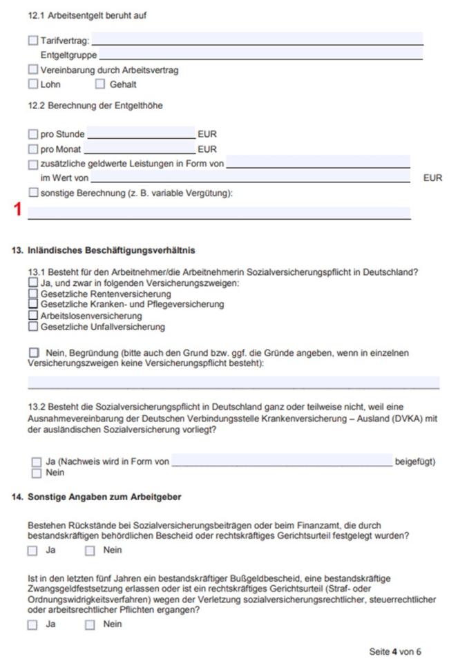 Страница 4 формуляра Erklärung zum Beschäftigungsverhältnis.