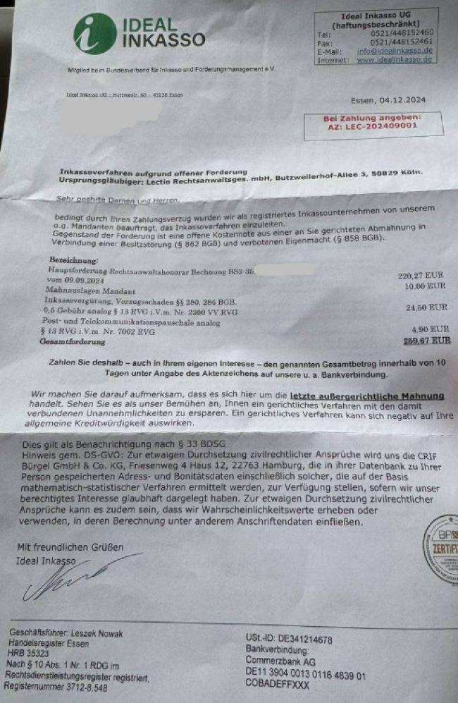 Скриншот письма от Inkasso в Германии.