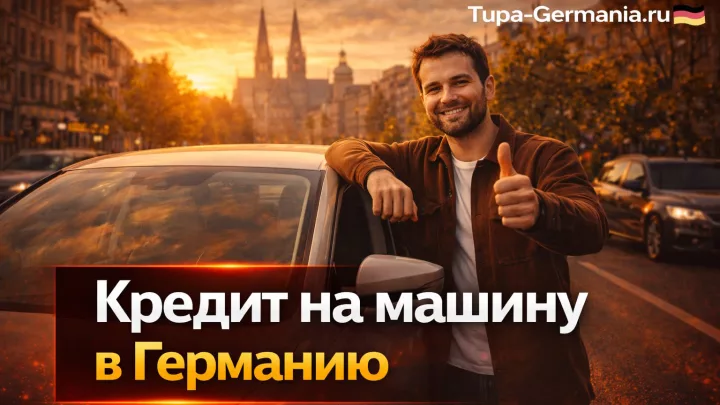 Довольный водитель у машины взятой в кредит в Германии