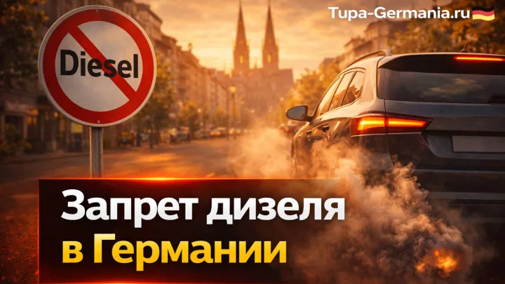 Дизельный автомобиль в Германии повёрнут задом и виден выхлоп, знак запрета.