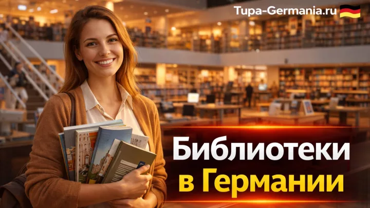 Девушка в современной немецкой библиотеке, держит книги и журналы