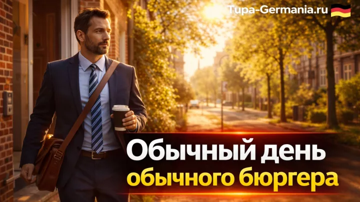 Немец выходит из дома солнечным утром по пути на работу