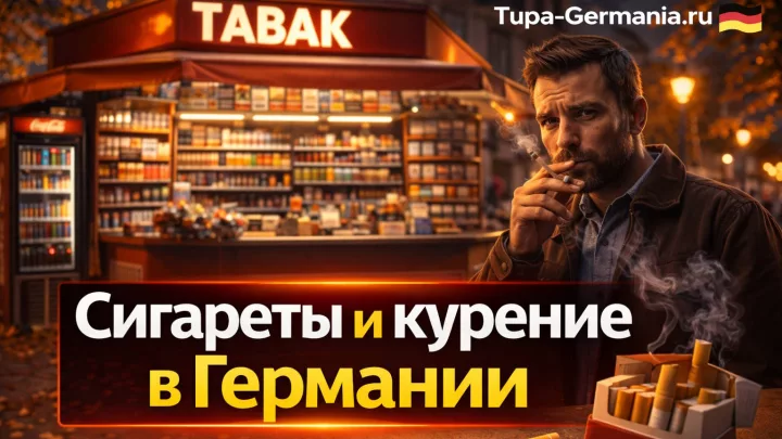 Немец курит на фоне табачного киоска