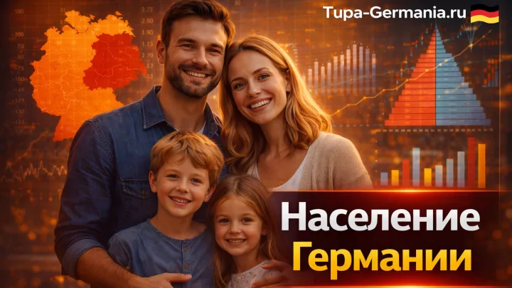 Cемейная пара немцев с детьми на фоне демографических графиков