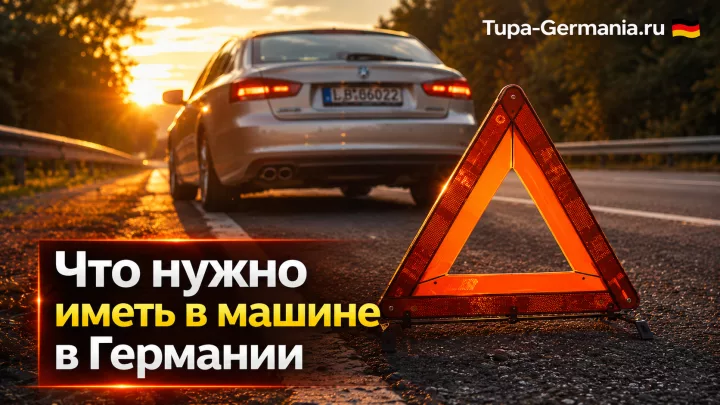 Предупреждающий треугольник перед немецкой машиной у обочины