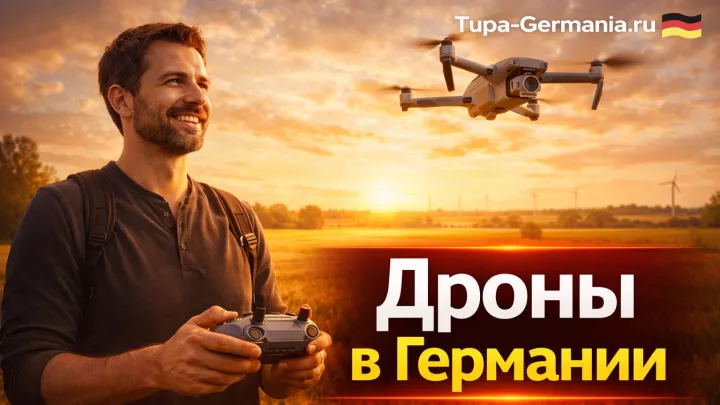 Оператор в Германии улыбаясь управляет квадрокоптером над полем