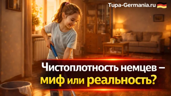 Девочка в немецкой квартире моет полы шваброй.