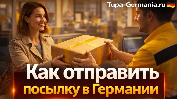 Женщина принесла на почту в Германии посылку и передаёт её сотруднику