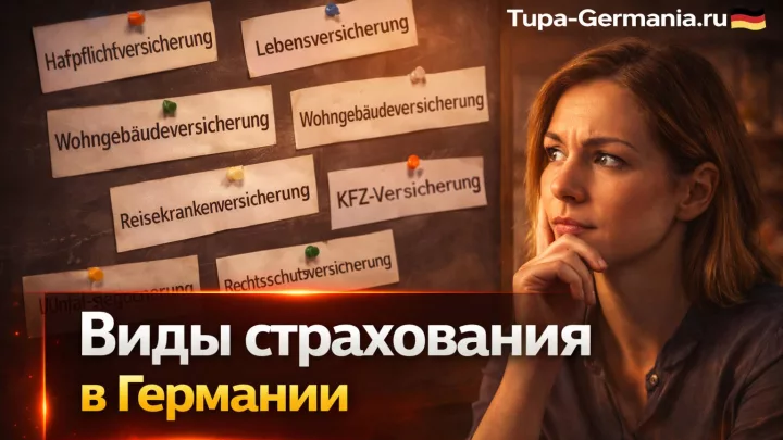 Доска с названиями немецких страховок и женщина в задумчивости