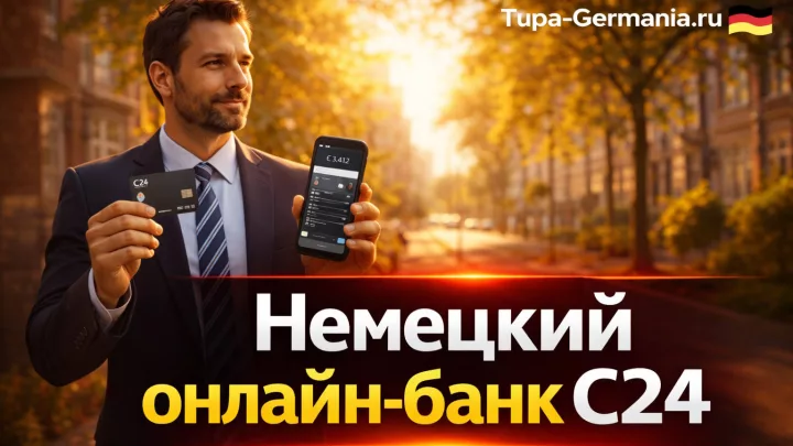 Житель Германии открыл счёт в банке С24, держит в руках карту и мобильный с приложением