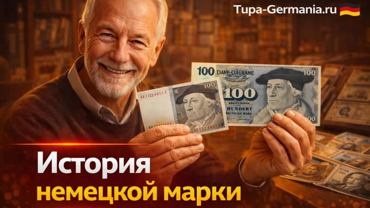 Пожилой немец держит в руках банкноты немецких марок