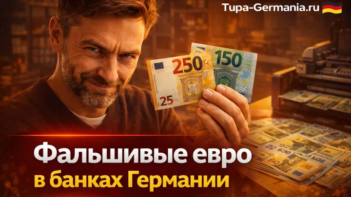 Фальшивомонетчик держит в руках фальшивые купюры евро.