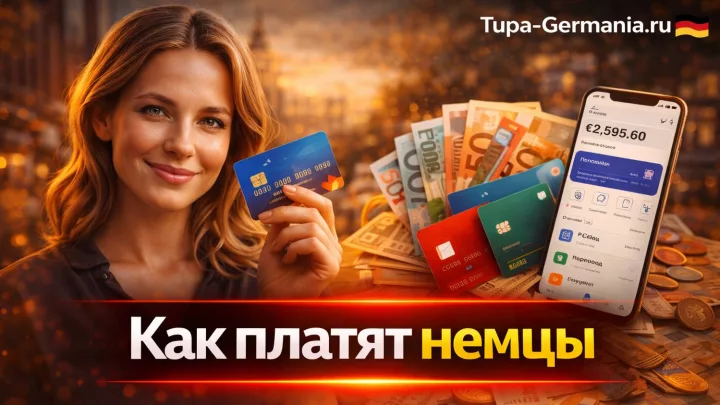 Девушка из Германии держит карту банка, вокруг символы наличные, карты, кредитки, мобильный с приложением банка