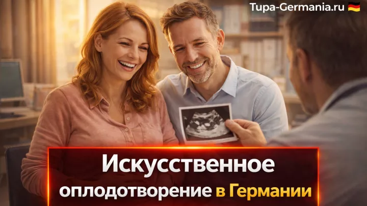 Супруги немцы в возрасте за 40 радуются в кабинете у врача, что жена забеременела после ЭКО.