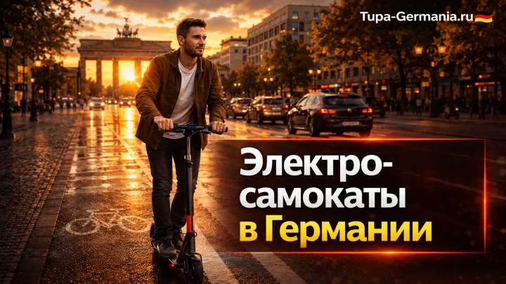 Житель Германии на самокате едет по велодорожке в городе