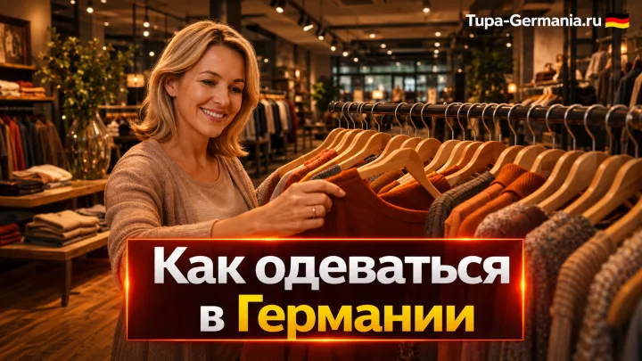 Немка выбирает одежду на вешалках в немецком магазине