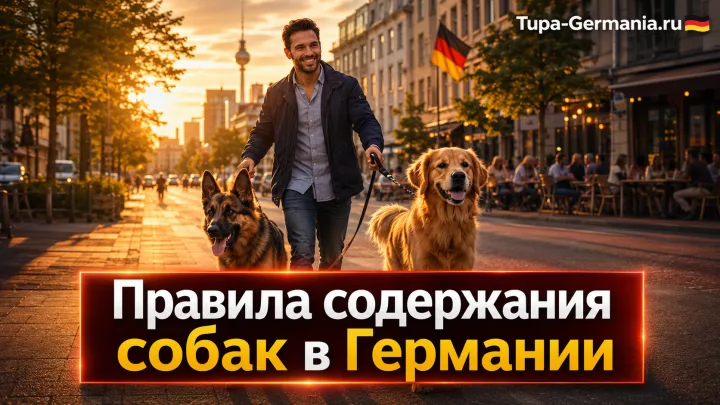 Житель Германии выгуливает двух собак в городской обстановке