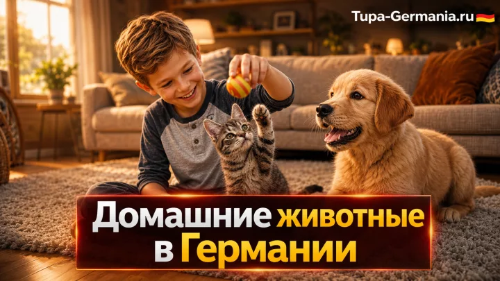 Мальчик в Германии играет дома с котом и щенком