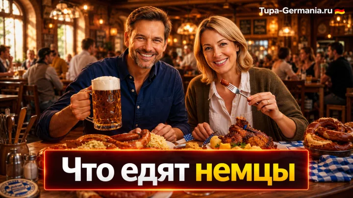 Двое немцев среднего возраста едят в ресторане традиционную немецкую еду