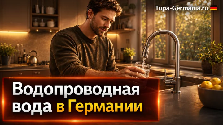 Мужчина на кухне в Германии набирает в стакан воду из-под крана
