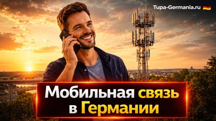 Мужчина звонит по мобильнику на фоне вышка сотовой связи