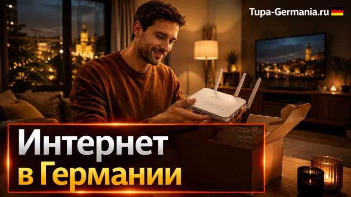 Мужчина распаковывает новый роутер в Германии
