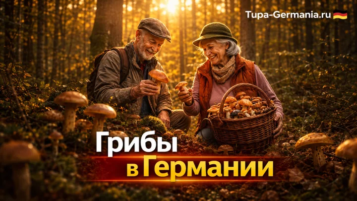 Пожилые грибники собирают грибы в немецком лесу