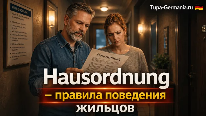 Жильцы дома читают правила совместного проживания в Германии