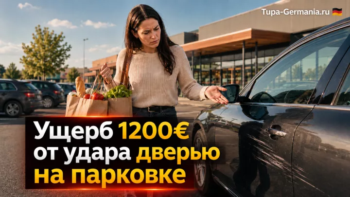 Девушка на парковке в Германии видит повреждённую дверь автотмобиля