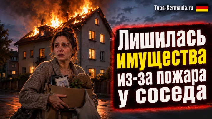 Женщина на фоне горящего дома в Германии