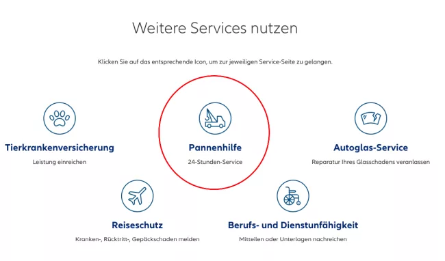 Скриншот меню сервисов страховой компании Allianz в Германии