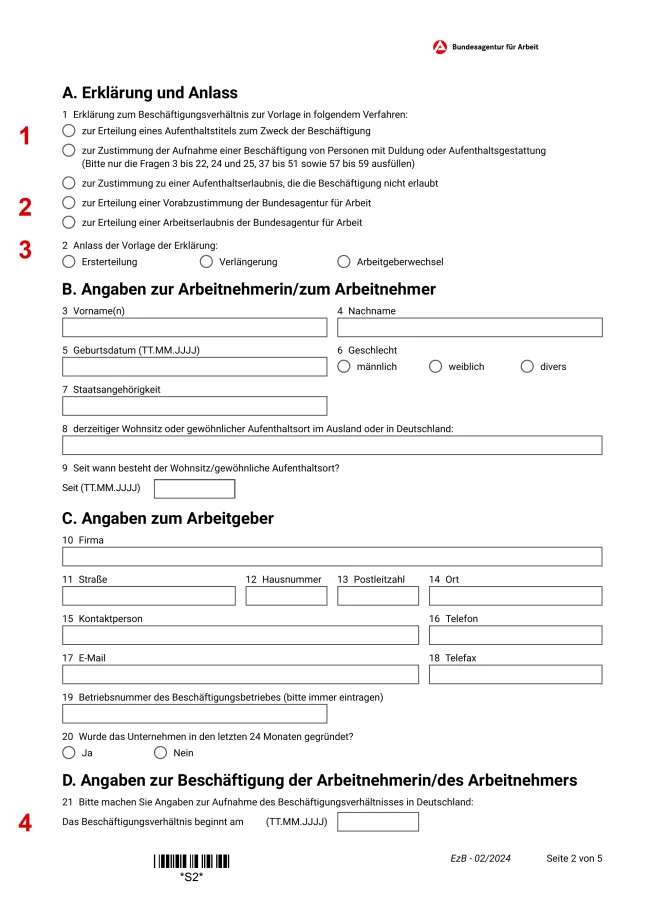 Страница 2 из 5. Страница 2 формуляра Erklärung zum Beschäftigungsverhältnis: цель подачи и данные работника и работодателя.