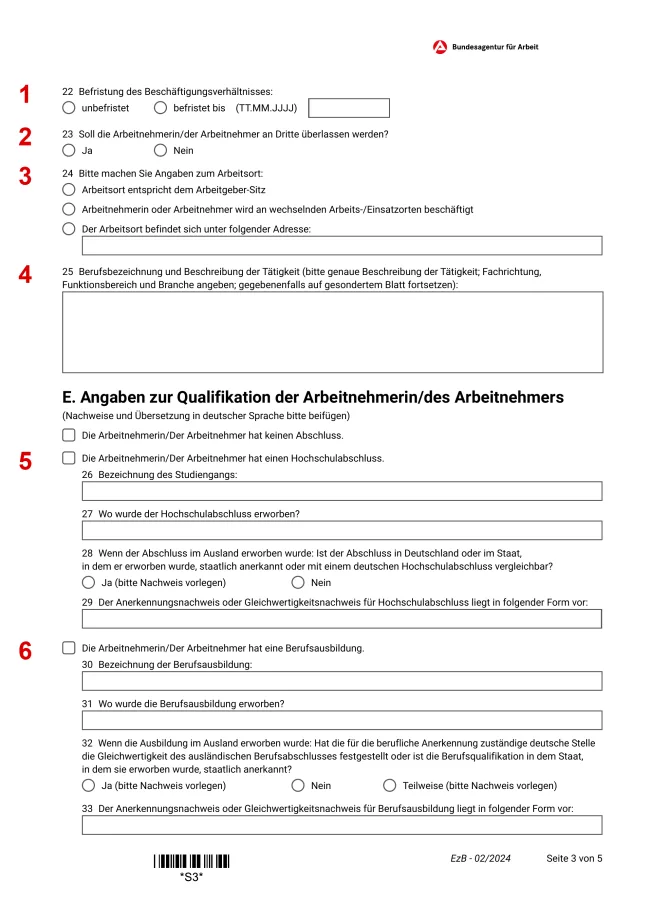 Страница 3 из 5. Страница 3 формуляра Erklärung zum Beschäftigungsverhältnis: условия занятости и квалификация.