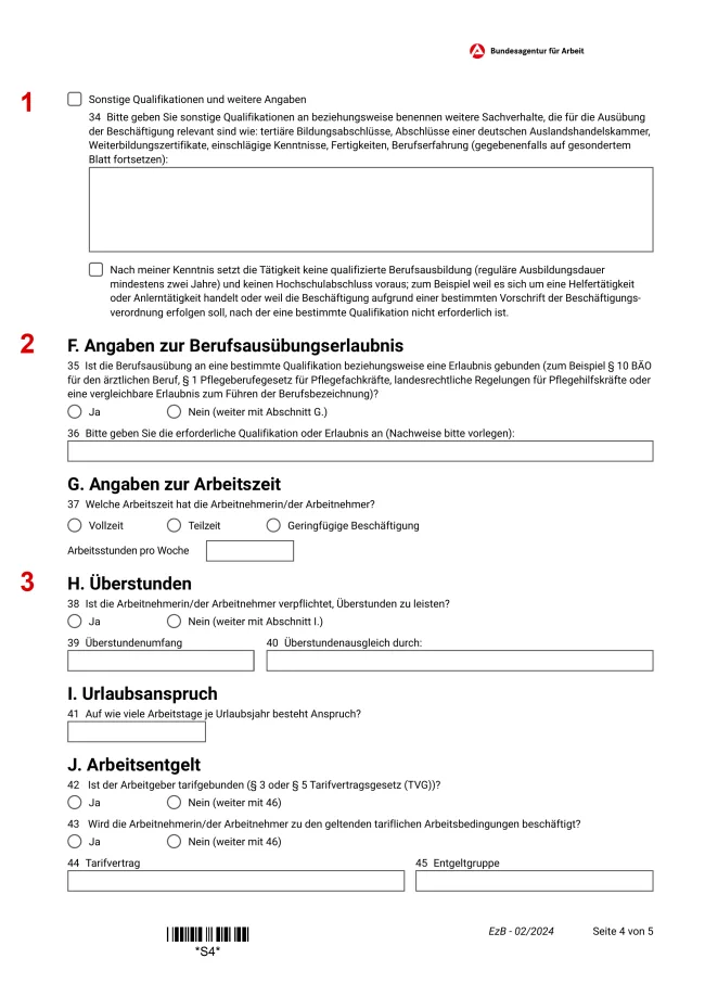 Страница 4 из 5. Страница 4 формуляра Erklärung zum Beschäftigungsverhältnis: квалификация, допуск к профессии и условия труда.