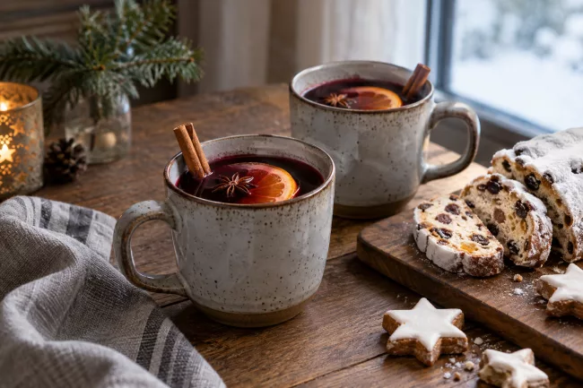 Glühwein — горячий напиток из вина с пряностями Две кружки глинтвейна, штоллен и рождественское печенье
