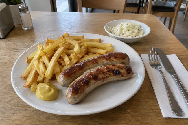 Bratwurst с картофелем фри и горчицей Жареные колбаски с картофелем фри и горчицей на светлом деревянном столе