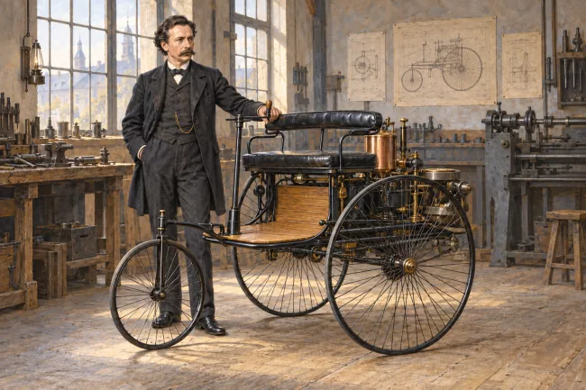Карл Бенц и Benz Patent-Motorwagen Карл Бенц рядом с трёхколёсным автомобилем в мастерской