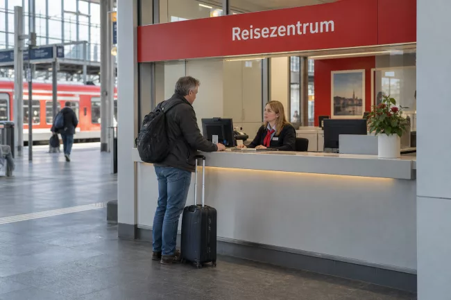 Пассажир у кассы Reisezentrum на немецком вокзале