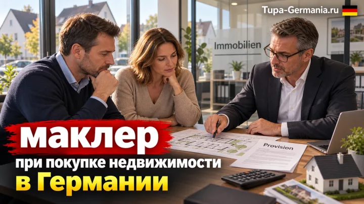 Покупатели обсуждают с маклером план дома и комиссию перед покупкой недвижимости в Германии.