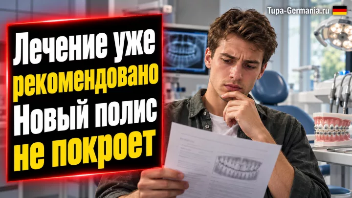 Иллюстрация к кейсу: молодой мужчина у стоматолога. Надпись: «Лечение уже рекомендовано. Новый полис не покроет».