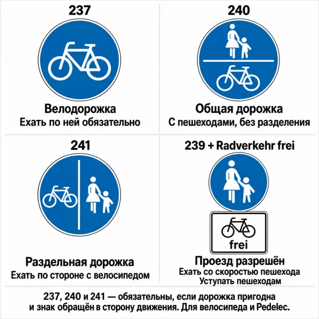 Как различать велодорожку и разрешённый проезд по тротуару Знаки 237, 240 и 241 и знак пешеходной дорожки с табличкой, разрешающей проезд велосипедов