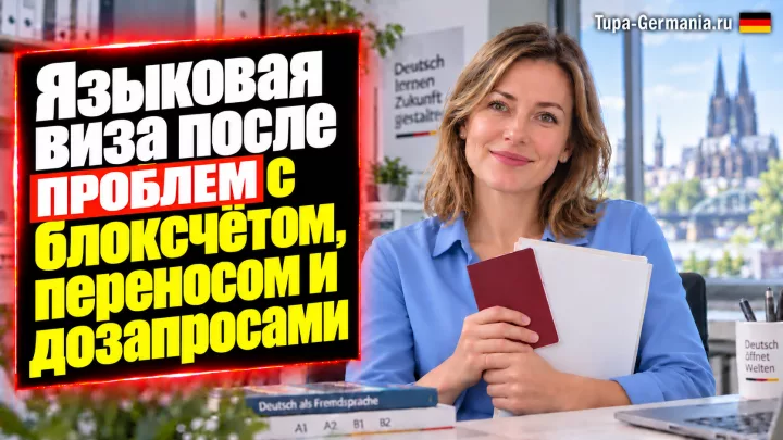 Молодая женщина с паспортом и документами. Надпись: «Языковая виза после проблем с блоксчётом, переносом и дозапросами».
