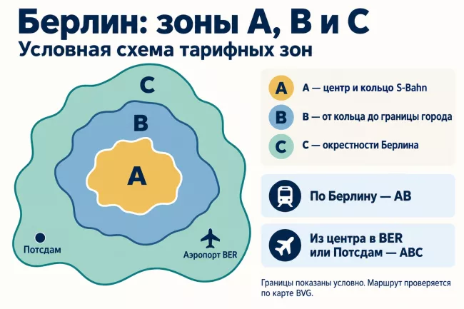 Условная схема зон A, B и C в Берлине с аэропортом BER и Потсдамом в зоне C. Условная схема зон A, B и C в Берлине с аэропортом BER и Потсдамом в зоне C.