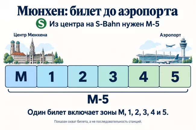 Схема охвата билета M-5: центр Мюнхена в зоне M, аэропорт в зоне 5. Схема охвата билета M-5: центр Мюнхена в зоне M, аэропорт в зоне 5.