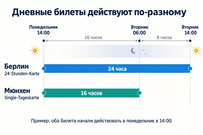 Две шкалы времени: билет Берлина действует до 14:00 вторника, билет Мюнхена — до 06:00 вторника. Две шкалы времени: билет Берлина действует до 14:00 вторника, билет Мюнхена — до 06:00 вторника.